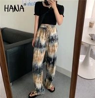hana 2021new spring summer streetwear vintage pants comfortable cotton elastic tie dyed casual high waisted straight pants