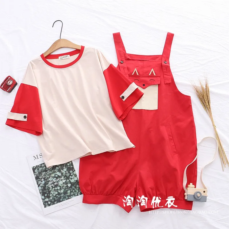 

Japanese Mori female soft girl cute cat strap shorts short sleeve T-shirt two-pieces suit female summer student kawaii girl cos