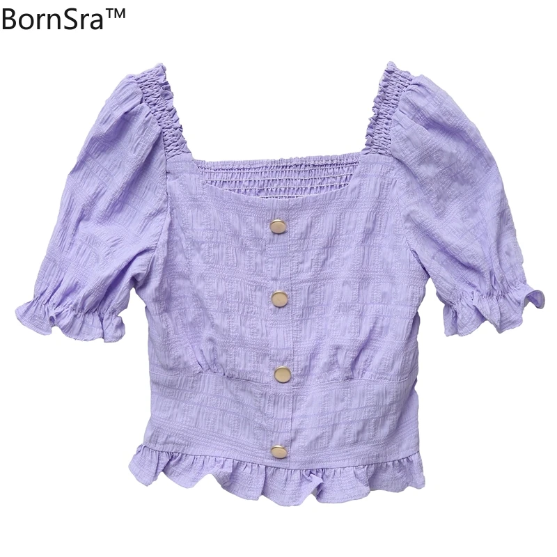

Bornsra 2020 Summer Chiffon Shirt Female Short-sleeved Horn Sleeve Hubble-bubble Collar Square Collar Knitted Woman White Blouse