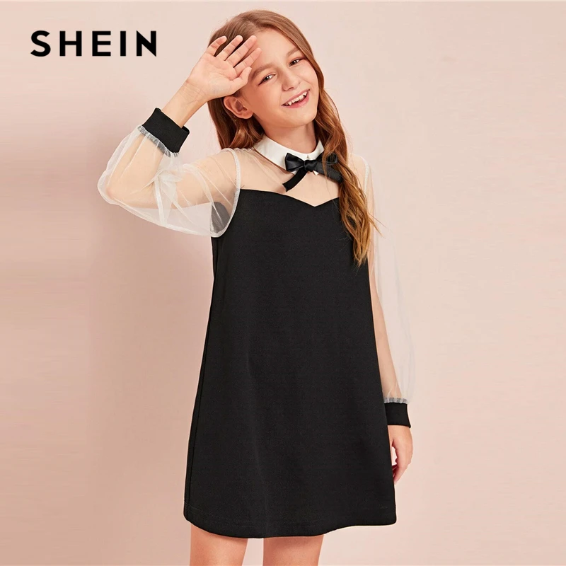 SHEIN Kiddie черный воротник бант спереди обувь для девочек консервативный дизайн платье осень контрастный сетчатый рукав пуговицы сзади линии Короткие милые платья