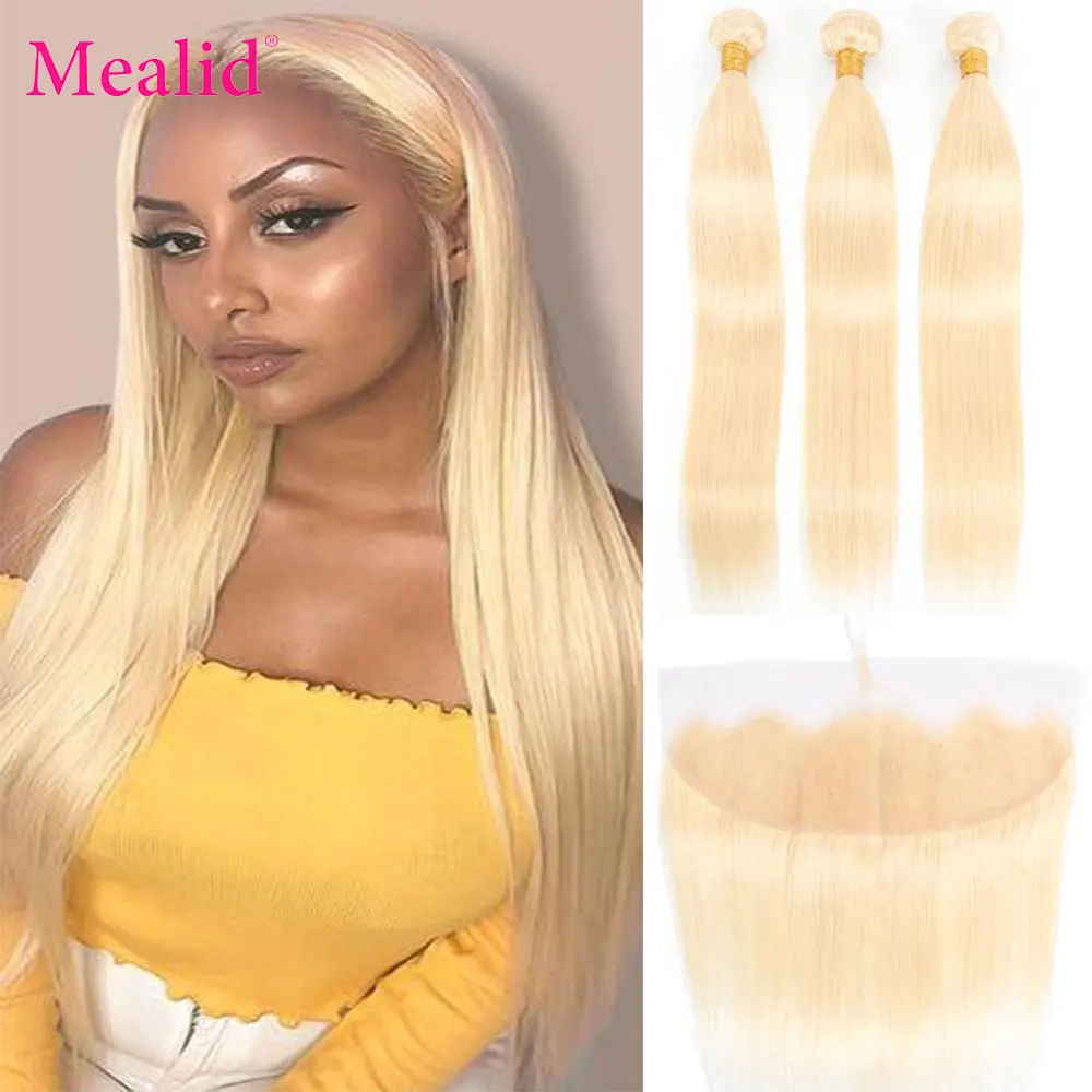 

Mealid 613 Blonde Straight Malaysian Hair Weave Human Hair Bundles with Closure 3 4 Remy Hair and a Lace Frontal Closure
