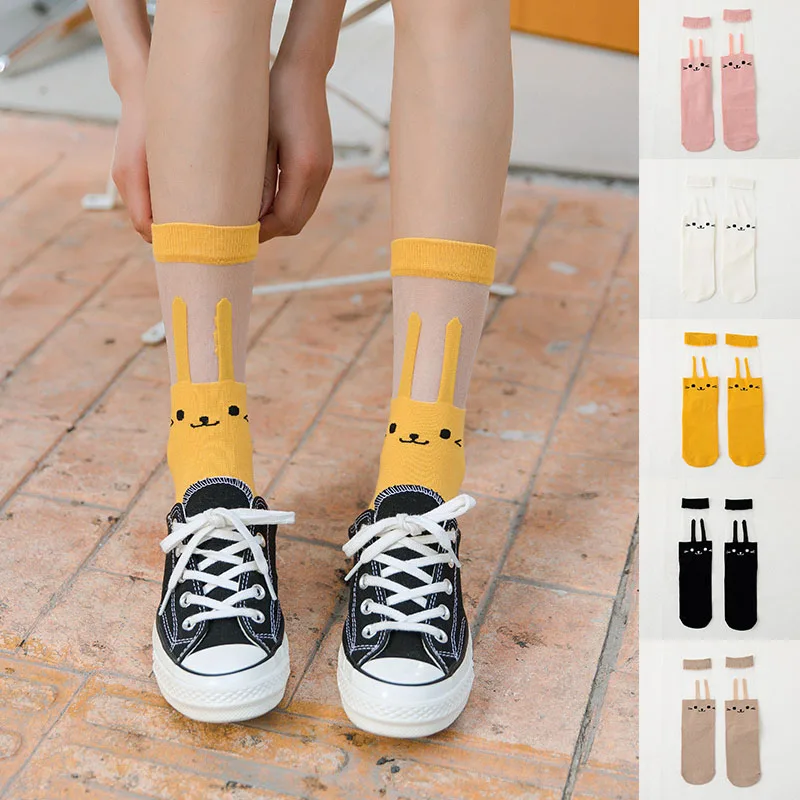 Летние носки до середины икры с кроликом корейские тонкие хлопковые для девочек