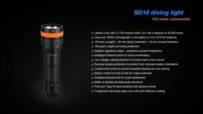 FENIX SD10 930 Люмен Cree XM-L2(T6) нейтральный белый светодиод фонарик для дайвинга питание от одного 18650 или двух батарей CR123A
