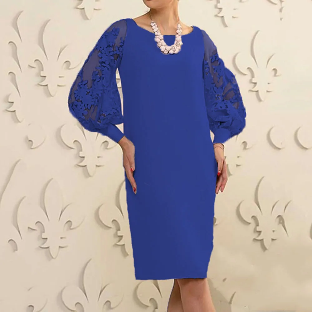 

2021 Spring Summer New Western Style Women's Solid Color Lace Sexy Perspective Puff Sleeve Splicing Commute Temperament Dress