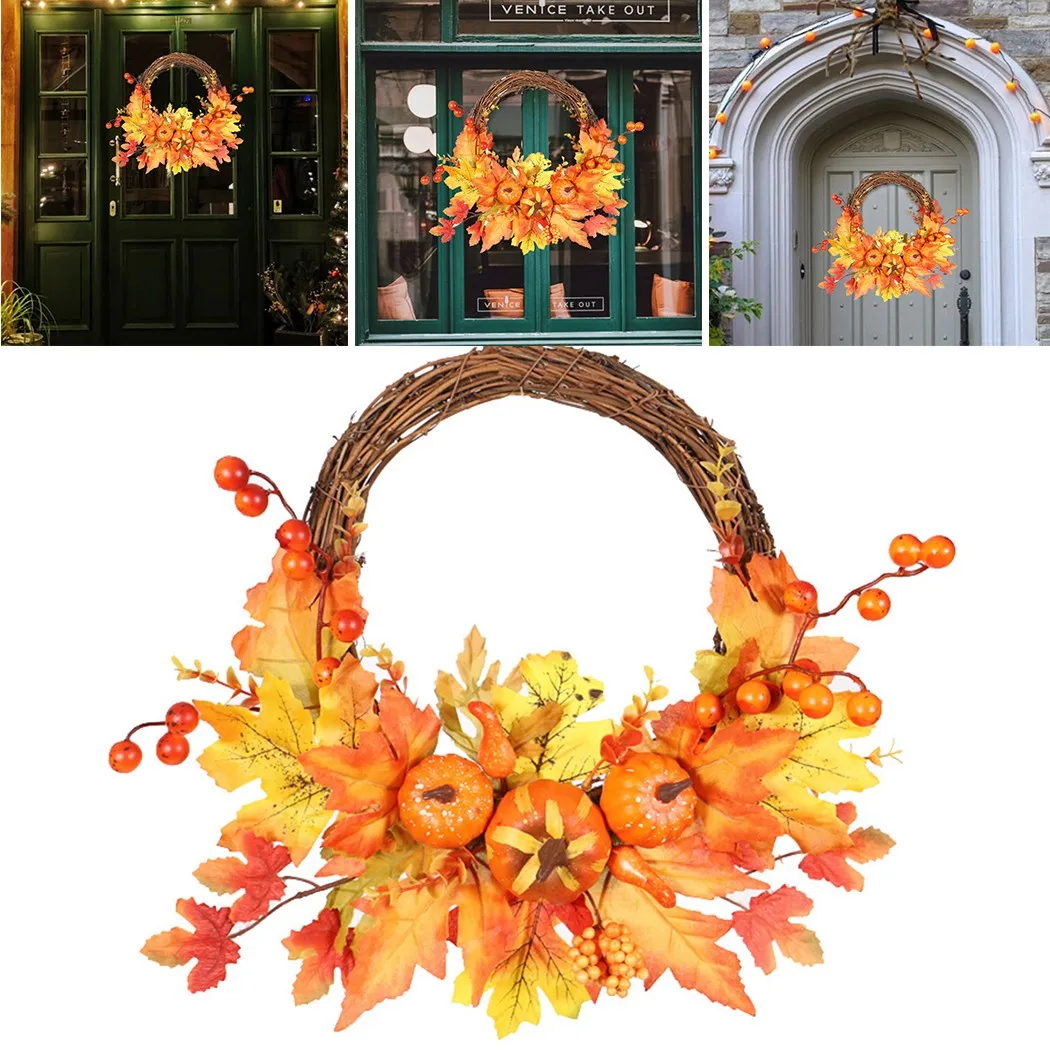 

Autumn Theme Halloween Door Wreath Artificial Pumpkin Berries Pine Cone Fruit Branch Maple Manmade Garland Rattan Home Decor