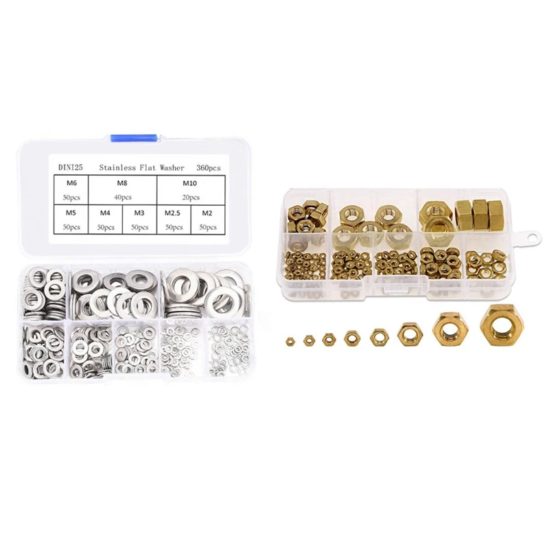

Promotion! 360Pcs Flat Washers Sealing Ring Assortment Set 8 Size with 160Pcs Metric M2 M2.5 M3 M4 M5 M6 M8 M10 Brass Hex Nuts K