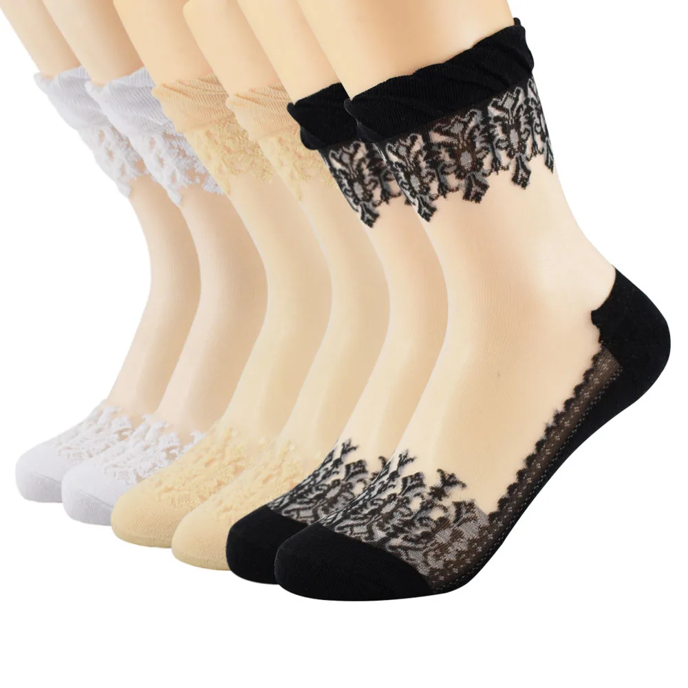 

Womens 6 Pairs Ultrathin Transparent Black White Nude Cotton Lace Elastic Short Socks C1S4