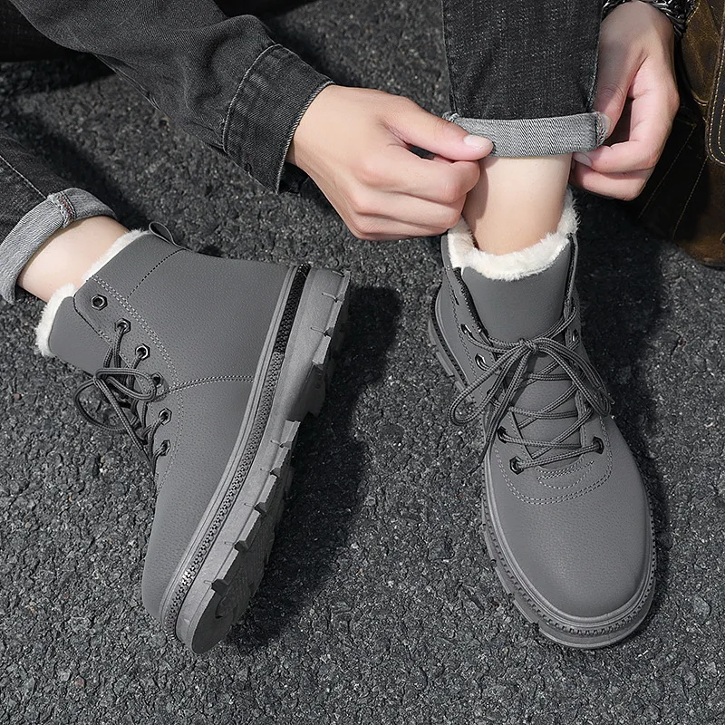 

2021 Winter New Concise Men's Boots Round Toe Lace-up Plush Snow Boots with Platform Non-slip Fashionable Suitable for Outside