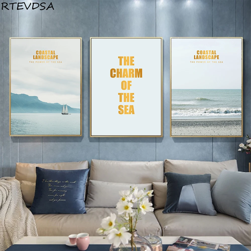 

Natural landscape canvas painting beach and sailboat poster printing wall art Nordic modern image home decoration