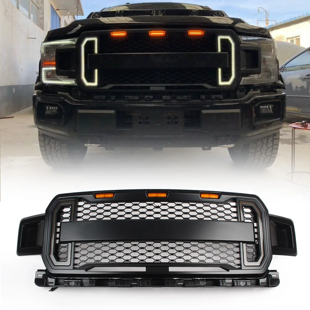 Car Front Grill Bumper Grille Raptor Style For 2018 2019 Ford F150 F-150 w/ Amber LED Light Auto Accessories ABS Plastic
