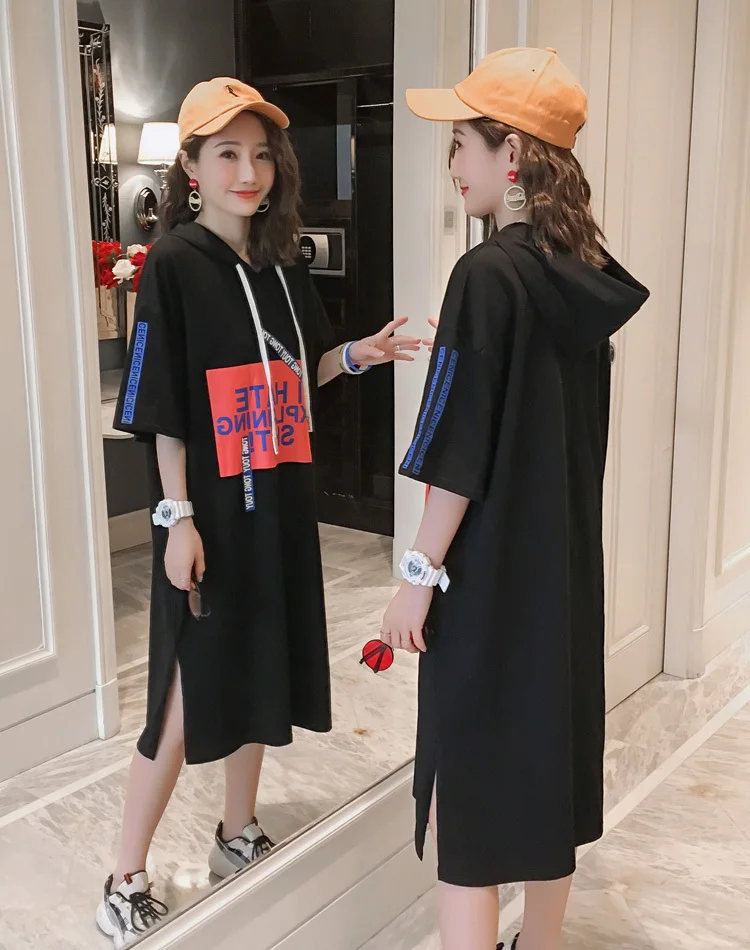 4964 Лето повседневное длинное платье с капюшоном размера плюс хлопок свободная футболка с принтом женское платье с коротким рукавом белый/черный/красный 3XL