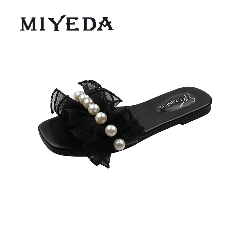

MIYEDA Women Summer Slippers Pearl Mesh Breathable Female Slides Elegant Outdoor Lovely All-match Office Lady Shoes