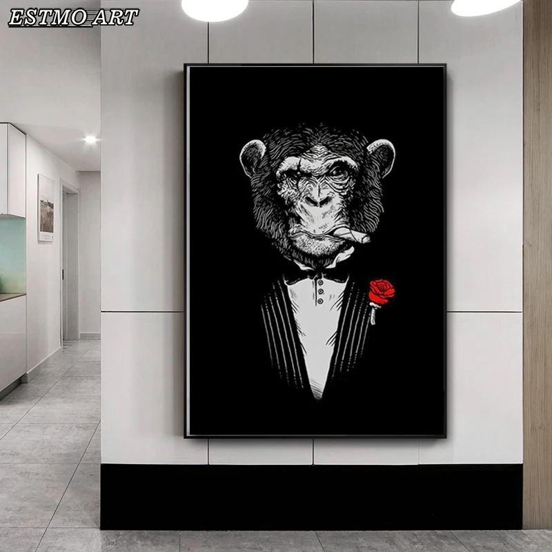 

Home Decor Monkey Smoking A Cigar Abstract Canvas Painting on The Modern Wall Art Posters and Prints Abstract Room Decoration