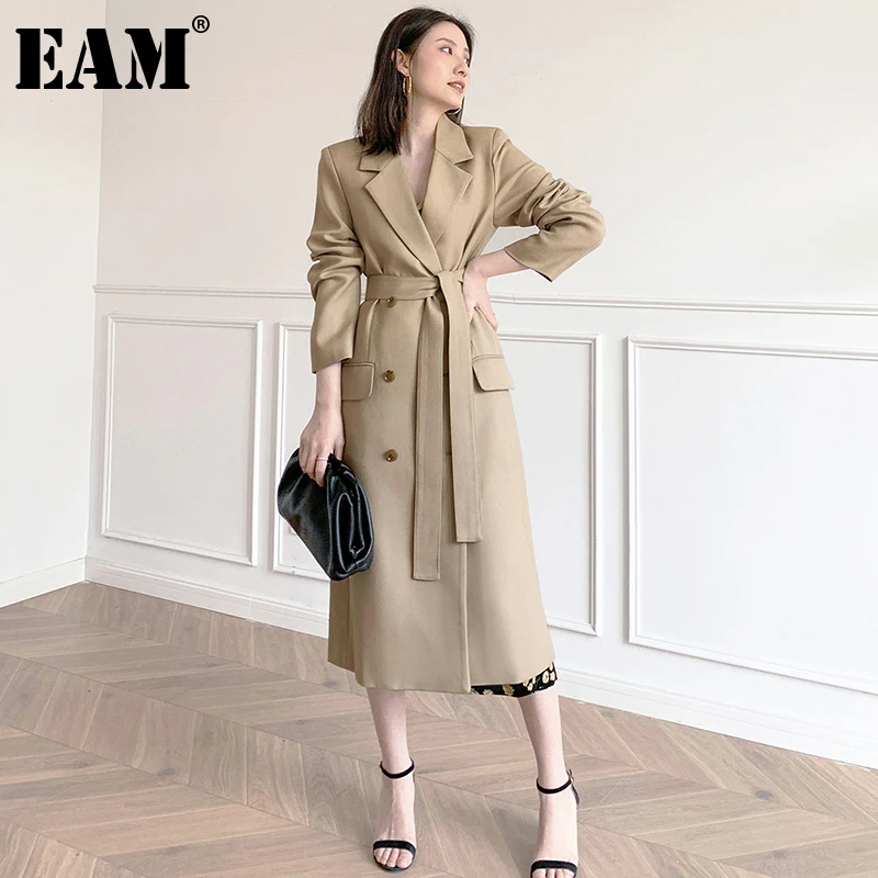 

[EAM] женский длинный винтажный Тренч цвета хаки, с отворотом, с длинным рукавом, свободный крой, ветровка, модная, весна-осень 2022, 1DE1722