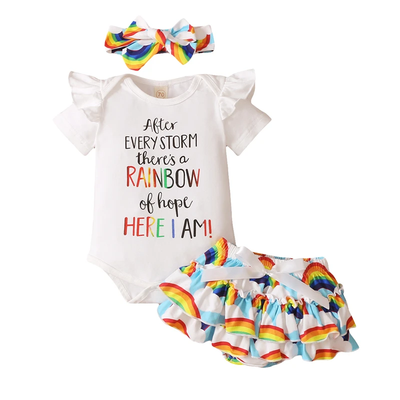 

Fashion Girls Clothes Set Letter Print Short Sleeve O-neck Romper + Rainbow Skirt + Bow-knot Headband Girl Toddler Clothing