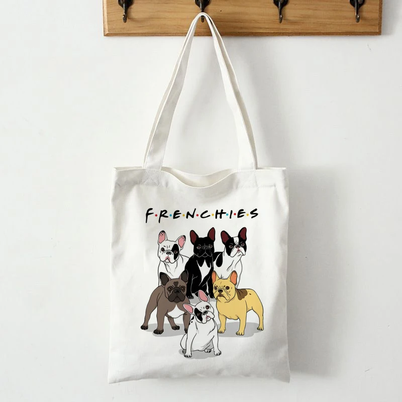 

Reusable Shopping Tote Canvas Women Bag with Frenchie French Bulldog Print Students Teacher Book Travel Storage Bags Shoulder