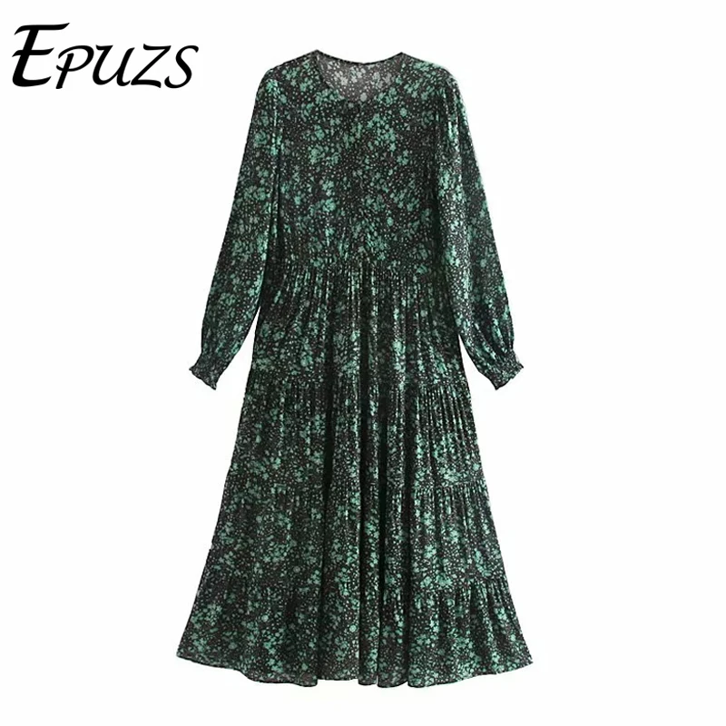Зимнее Зеленое Длинное платье с цветочным принтом женское круглым вырезом и