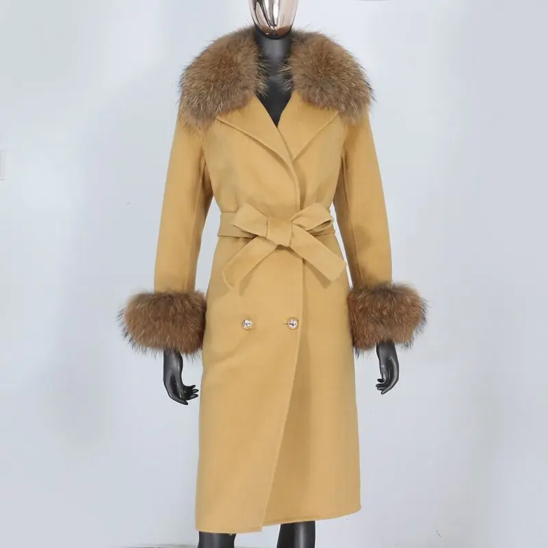 

CXFS 2021 Cashmere Wool Blends Real Fur Coat Double Breasted Winter Jacket Women Natural Fox Fur Collar and Cuffs Streetwear