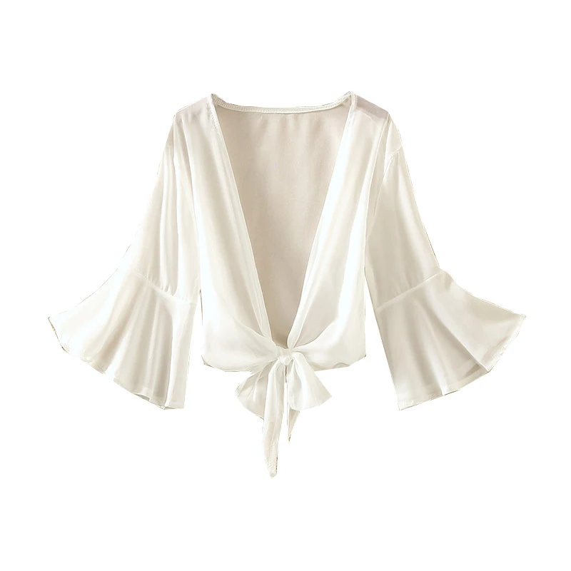 BOHOFREE летняя белая накидка кимоно галстук-бабочка расклешенный рукав шифоновая