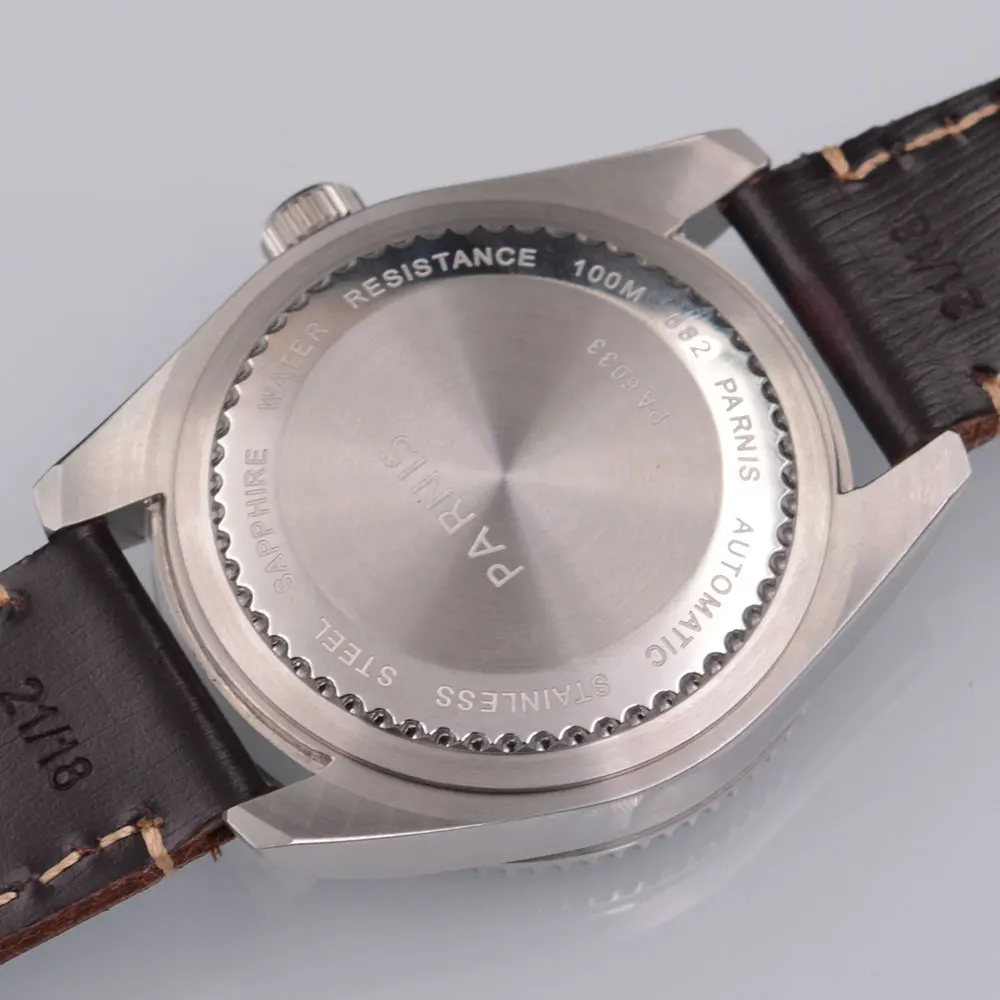 Parnis 43mm Black dial Brown leather strap automatic men's fashion casual mechanical watch | Наручные часы