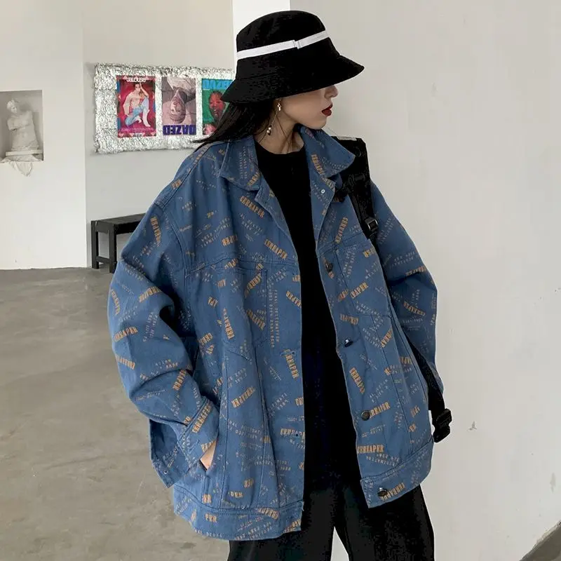 

2021 Autumn New Tooling Jeans Jacket Korean Retro Loose Hip-hop Female Student Long-sleeved Oversized Woman Jacket Winter 2021