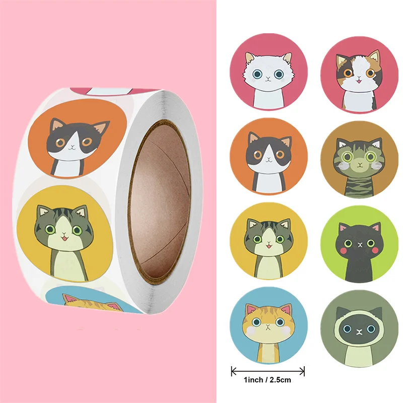 

50-500Pcs 1Inch Thank You Cat Sticker For Kids Handmade Round Christmas Card Box Wrapping Label Sealing Sticker Decor Stationery