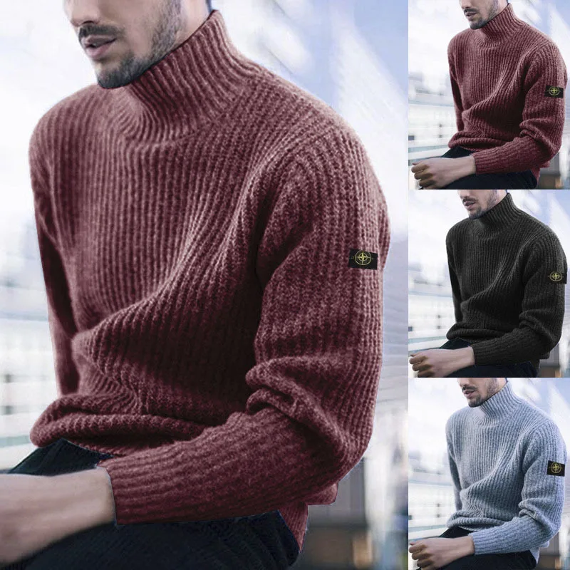

Lugentolo Turtleneck Mens Sweater Pure Color Long Sleeve Wild Autumn Winter Loose Knitted Tops Mens Clothes