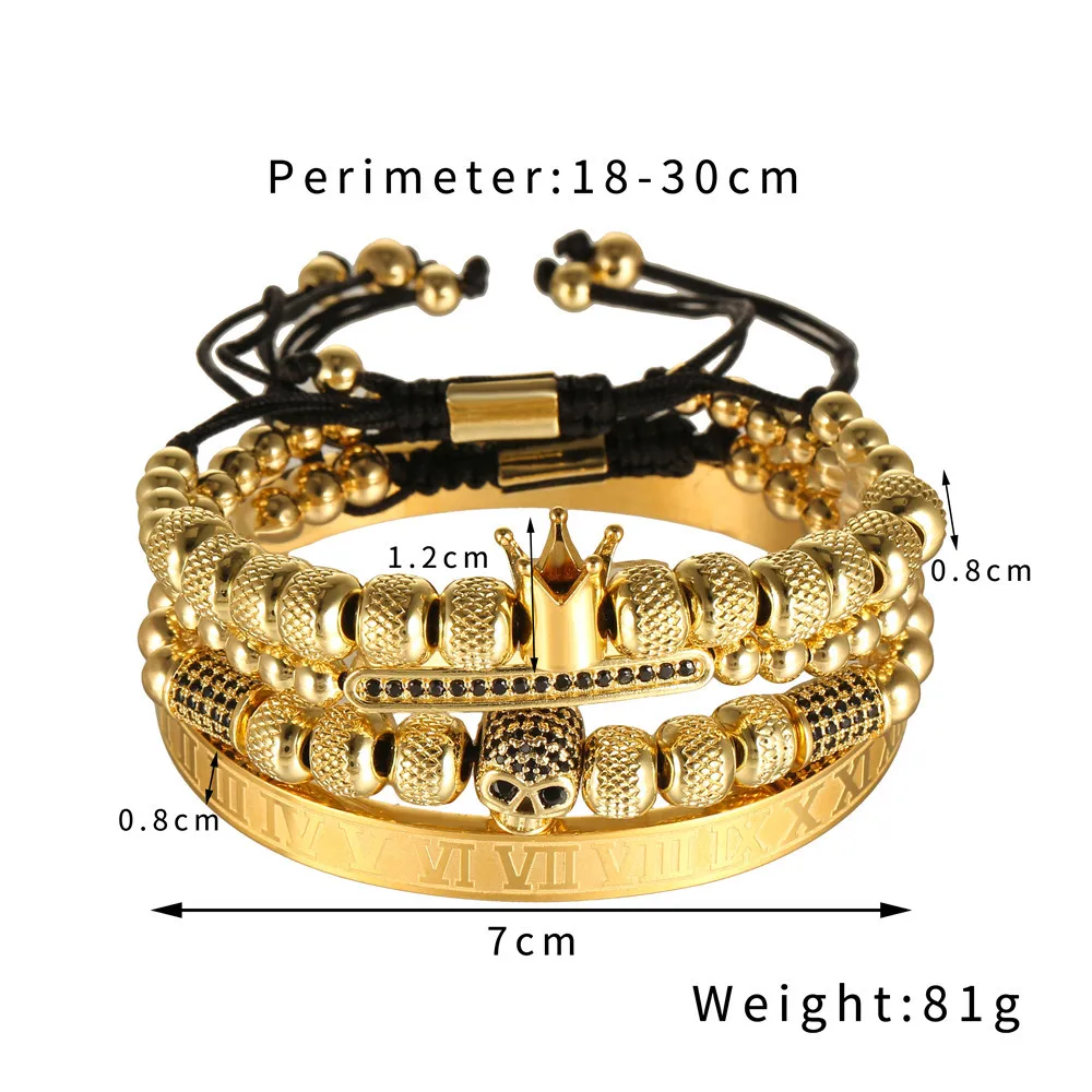 Punk 4pcs/set Classical Braiding Bracelet Set Gold Hip Hop Men Pave CZ Zircon Skull Roman Numeral Bracelet Bangle Luxury Jewelry