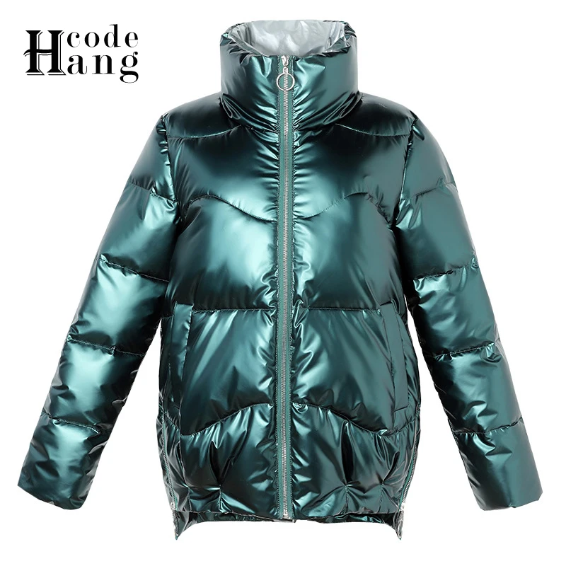 

HangCode Ins Fashion Glossy Parkas Warm Cotton Padded Stand Collar Windproof 2021 Winter Jacket Women Zipper Fly Outwear Coats