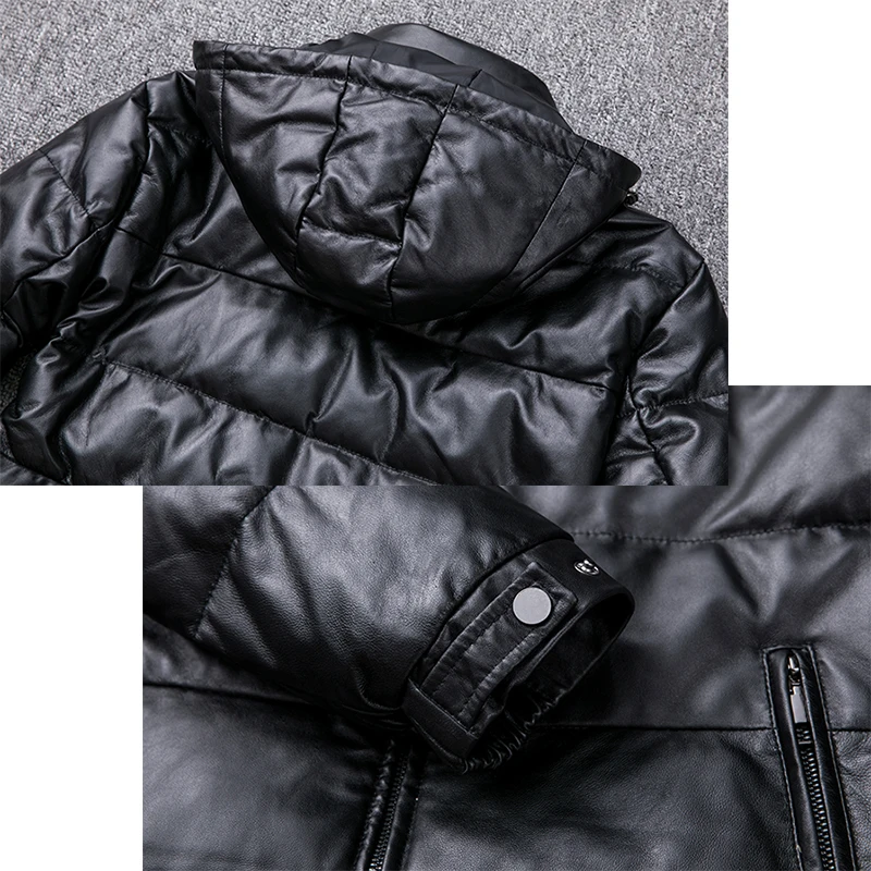 Мужская повседневная кожаная куртка с капюшоном Тонкая зимняя из натуральной