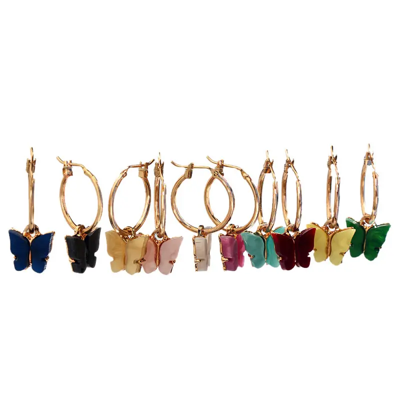 

Flatfoosie 2 Pair/Set Korea New Resin Butterfly Hoop Earrings Gold Color Small Insect Earring Multcolor Acrylic Earring Jewelry