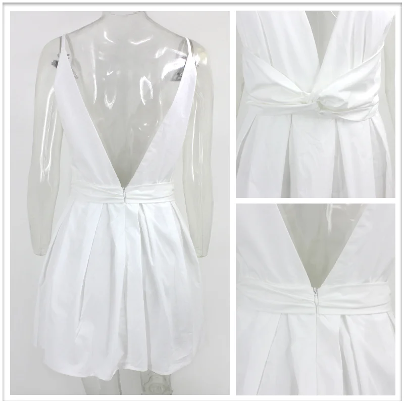 

Deep V Neck White Mini Dress Sexy Backless Sleeveless Spaghetti Strap Dress Chiffon Ruffles Club Party Summer Clothes for Women