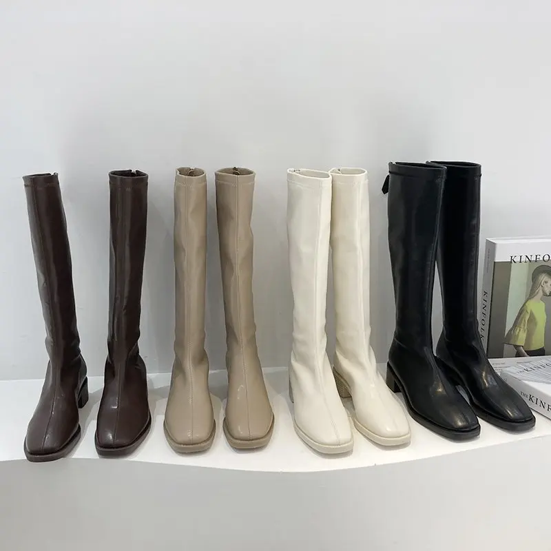 

Women's High Boots Autumn and Winter New Style Square Toe Zipper Ladies Knee-length Knight Boots Luxury Designer Women's Boots