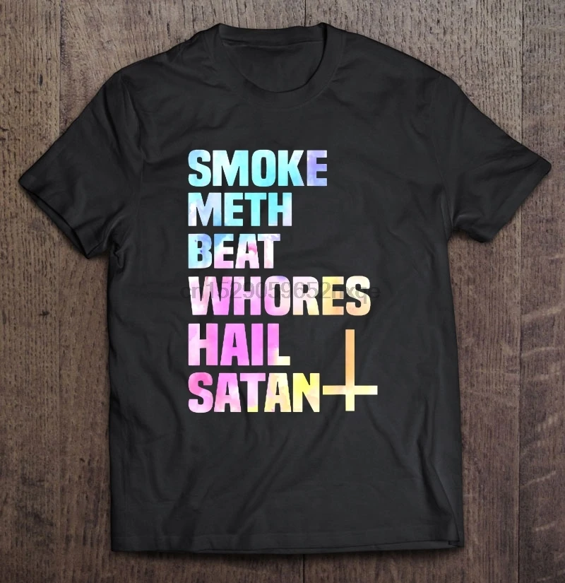 Забавная Мужская футболка модная дым мет Beat шлюхи с надписью Hail Satan красочные