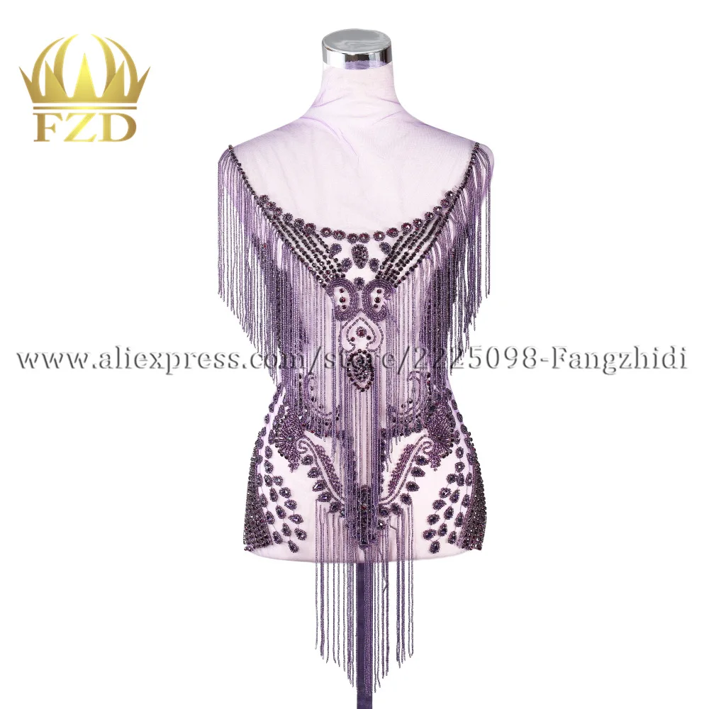 

FZD 1 Piece Handmade Sew On Purple Rhinestone Patch Tassels Waterfall Dangling Crystal Dress Patches Bodice Applique for Show