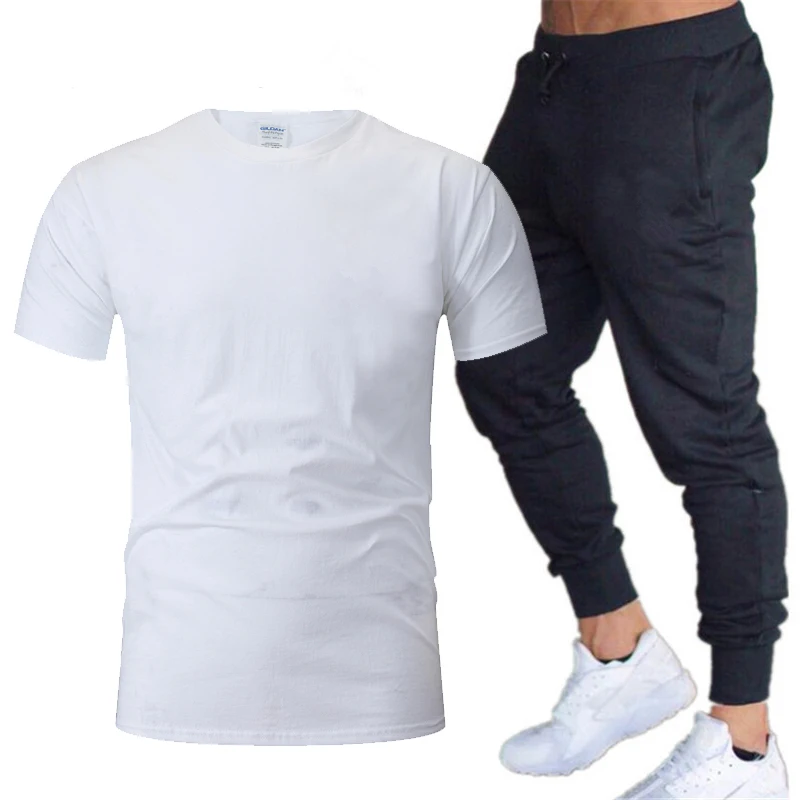 

New men's T-shirt casual sports + trousers men's solid summer sportswear set two-piece t-shirt men's fitness sportswear
