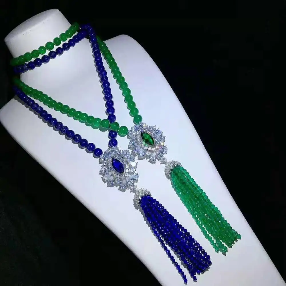 

Charming 10 mm round green blue stone necklace micro inlay zircon accessories tassel necklace long 88-90 cm