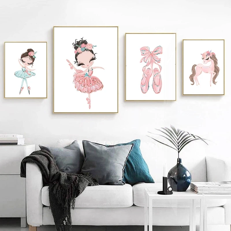 Для маленьких девочек Детская Wall Art розовый плакат Лебедь балерина холст картины