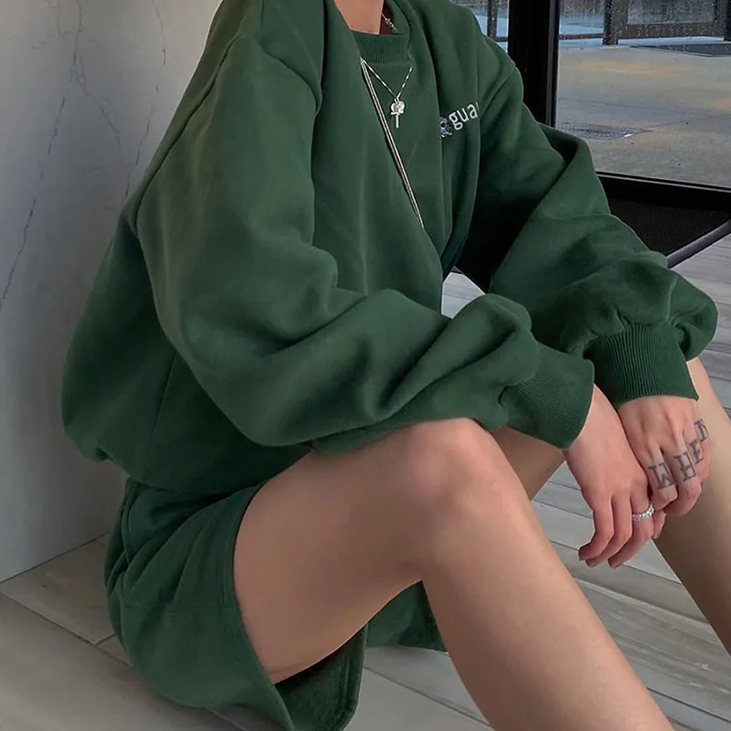 

New Casual Teen Girls Loose New Streetwear Green Vintage Chic Letter Embroidered Oversized Sweatshirt Women Warm Winter Tops