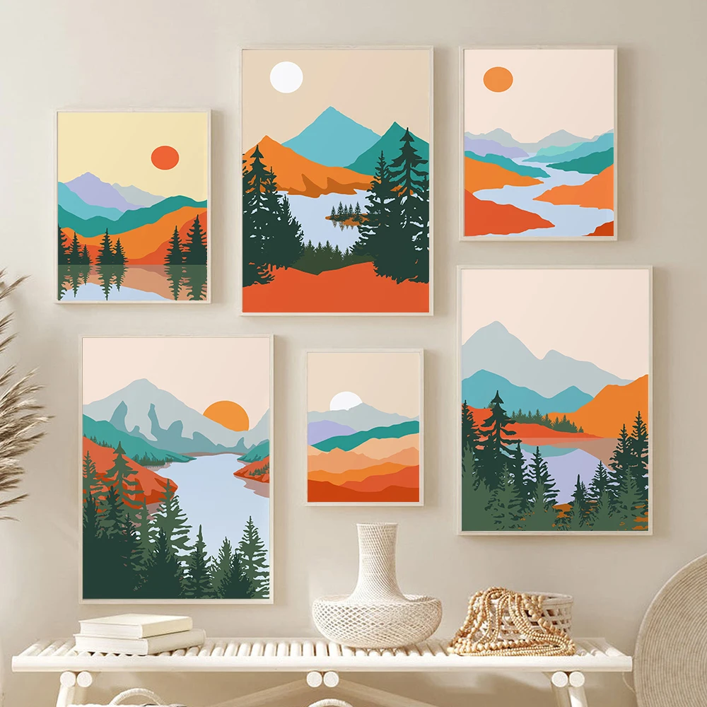 

Boho Style Sun Mountain River Wall Canvas Painting Abstract Landscape Print Nordic Art Poster Picture For Living Room Home Decor