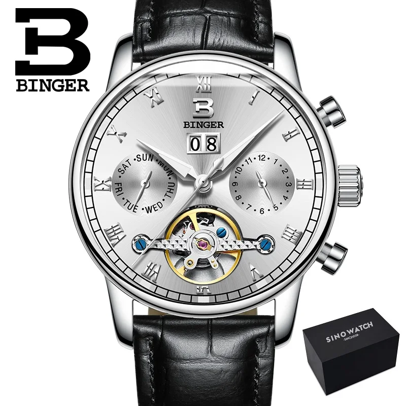 leather black white Двойной турбийон, швейцарские часы Бингер, оригинальные мужские автоматические часы, модные мужские механические наручные часы с кожаным ремешком - Цвет: leather black white