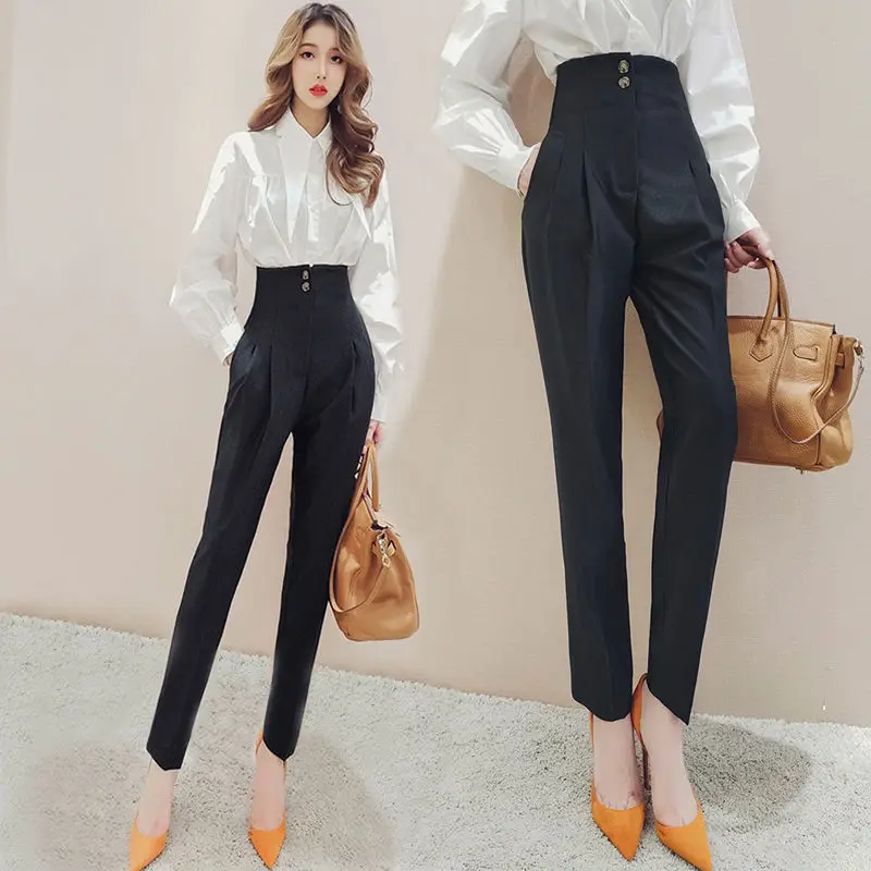 

2021 New Black Harem Pants Autumn Women Thick Solid High Waist Ankle-length Trousers Female Loose Casual Straight Suit Pants Z54