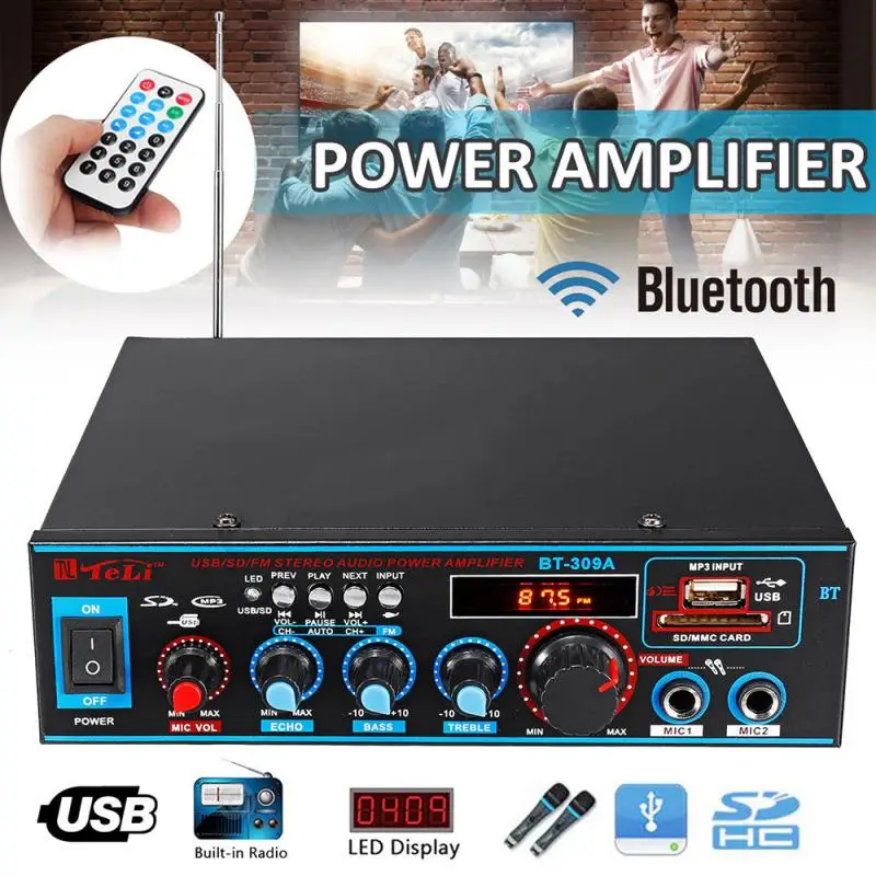 

BT-309A 12V/ 220V 2CH усилитель мощности Bluetooth-совместимый стерео домашний Автомобиль ЖК-дисплей Аудио Amp USB U-диск TF Музыкальная карта плеер