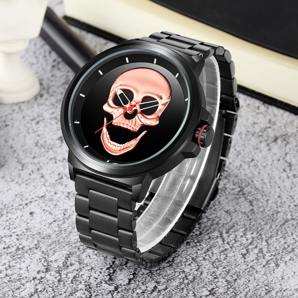 Японские кварцевые мужские часы с 3D черепом роскошные Брендовые со стальным