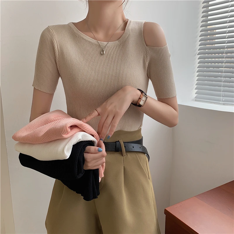 

Summer New 2021 Solid Korean Fashion Casual t Shirt Women Hollow Out Tops Knitted Tee Shirt Female Clothing Simple Short Sleeve