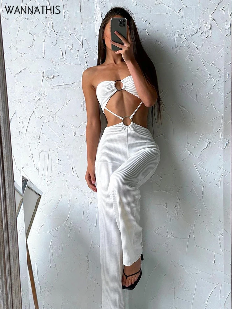 

WannaThis Women 2 Pieces Set Holiday Sexy Hollow Out Strapless Top Matching Flare Pants Circle Knit Streetwear Female Suit 2021