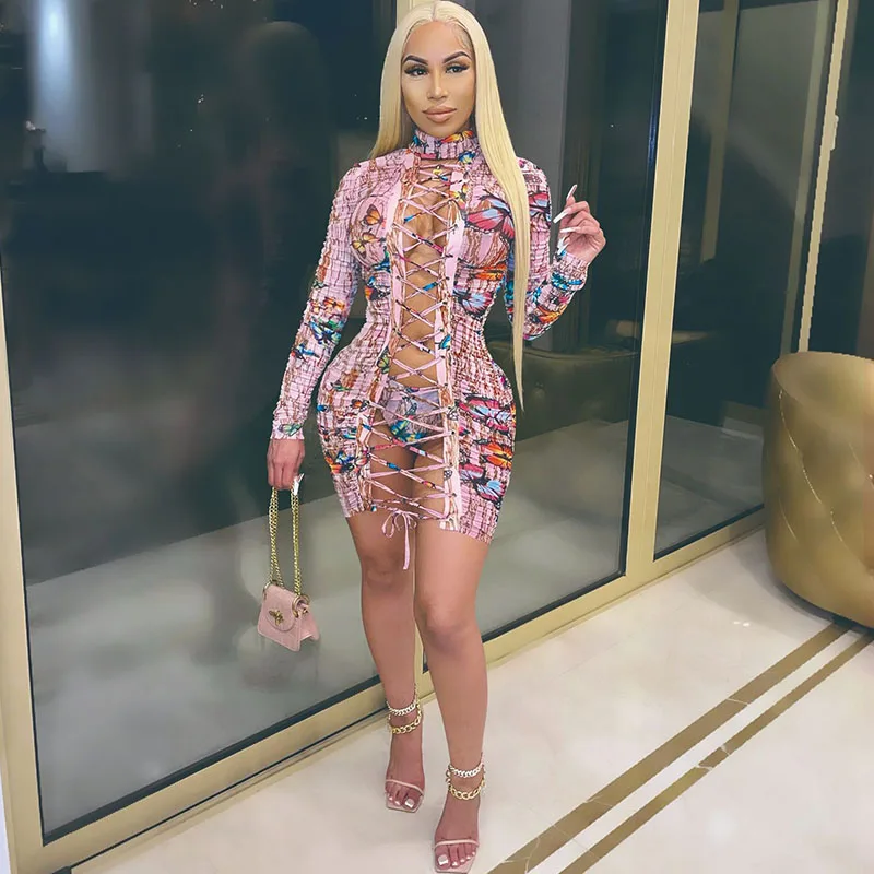 

Женское облегающее платье-мини с длинным рукавом, сексуальное платье с принтом бабочек на день рождения, одежда для вечерние НКИ, ночного кл...