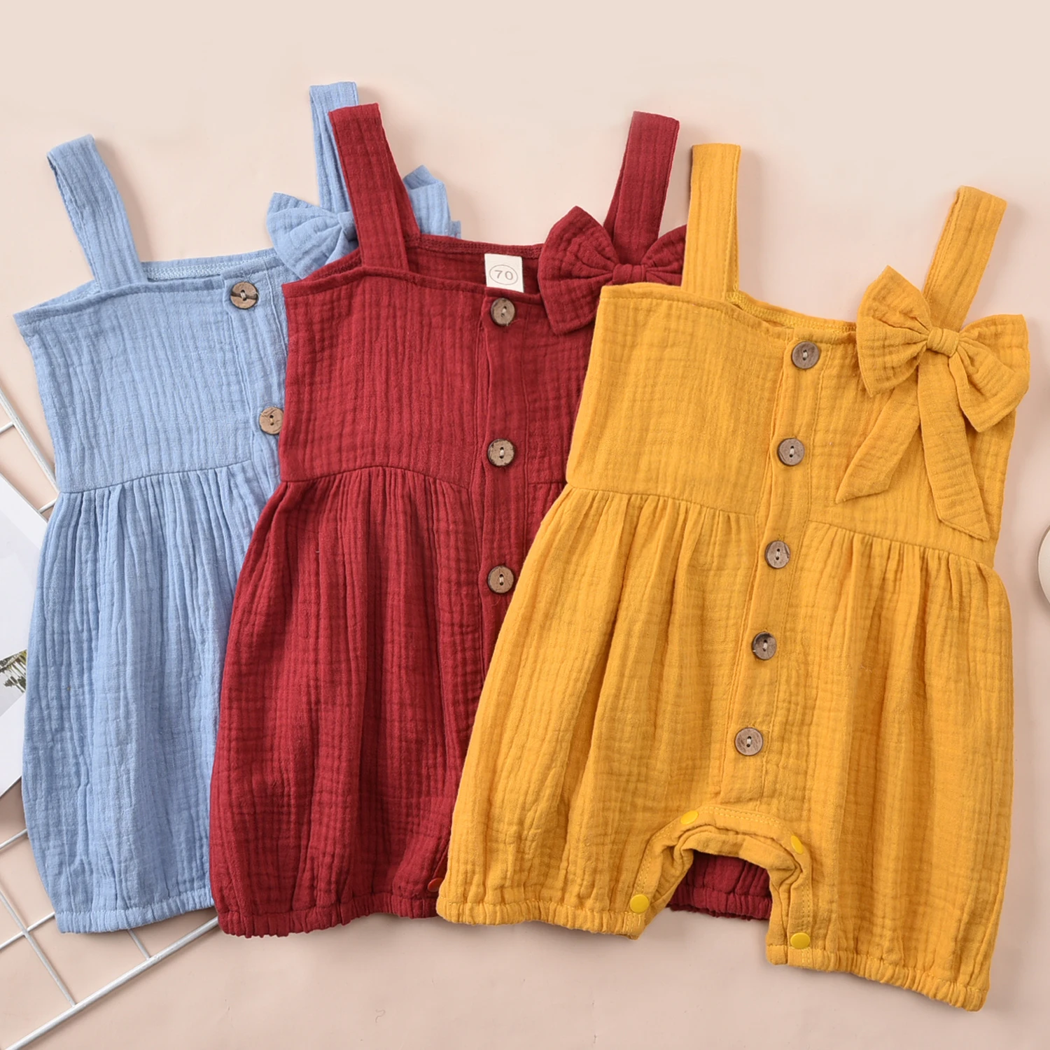 

0-12M Newborn Baby Girls Rompers Solid Bow Single Breasted Strapless Jumpsuits 3 Colors