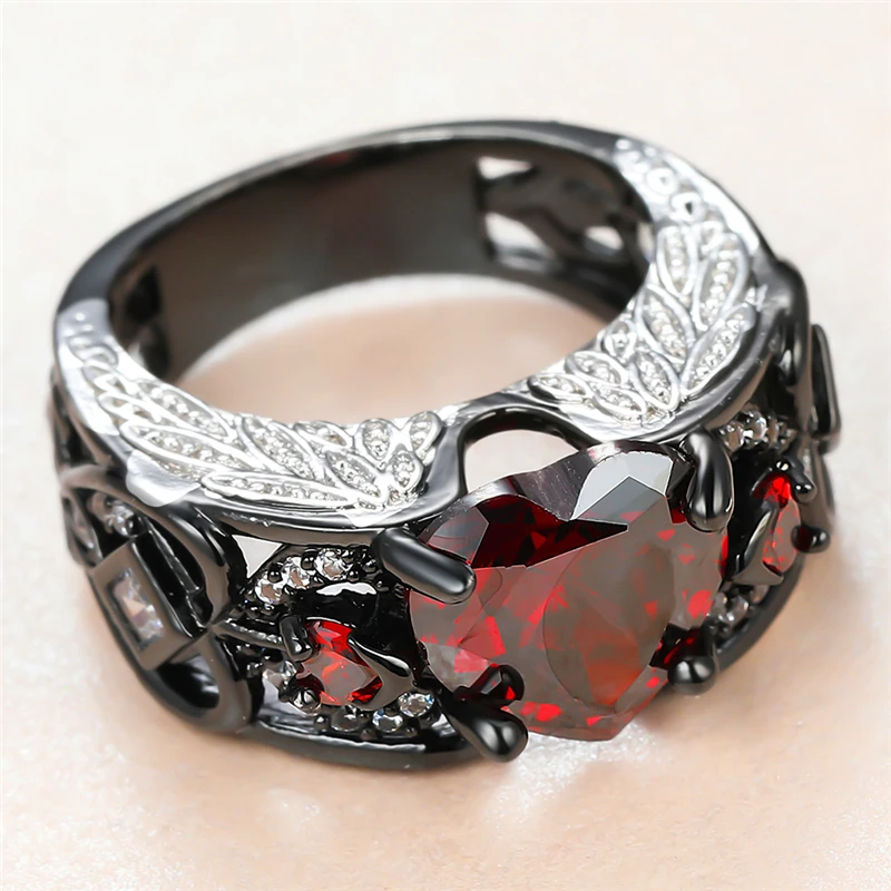 

Vintage Female Red Heart Crystal Ring Charm 14KT Black Gold Wedding Rings For Women Luxury Angel Wing Zircon Engagement Ring