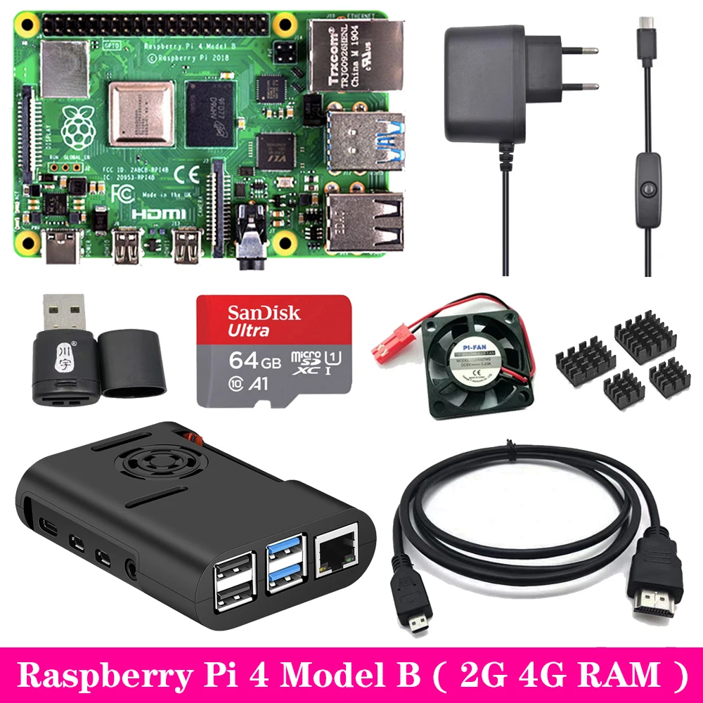 Raspberry Pi 4 Модель B 2G 4G ram+ ABS чехол+ вентилятор охлаждения+ блок питания зарядное устройство+ алюминиевый радиатор для Raspberry Pi 4 Модель B